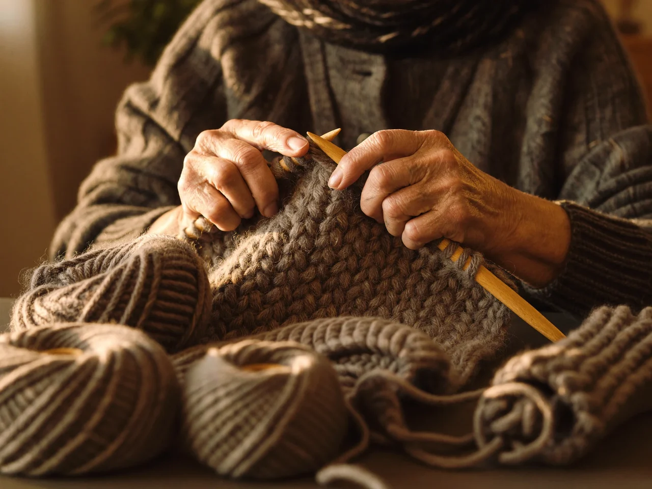 Hände beim Stricken eines dicken Wollschals mit Holznadeln